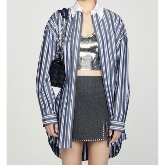 Sandro Oversized Striped Button Down Shirt Blue Grey Size S $340 - Picture 10 of 13